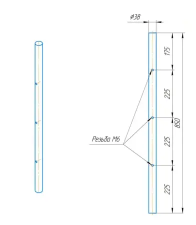 Стойка круглая AISI 304 38x1,5x950мм зерк. 3 отверстия для ригеледержателя(М6) - фото 2